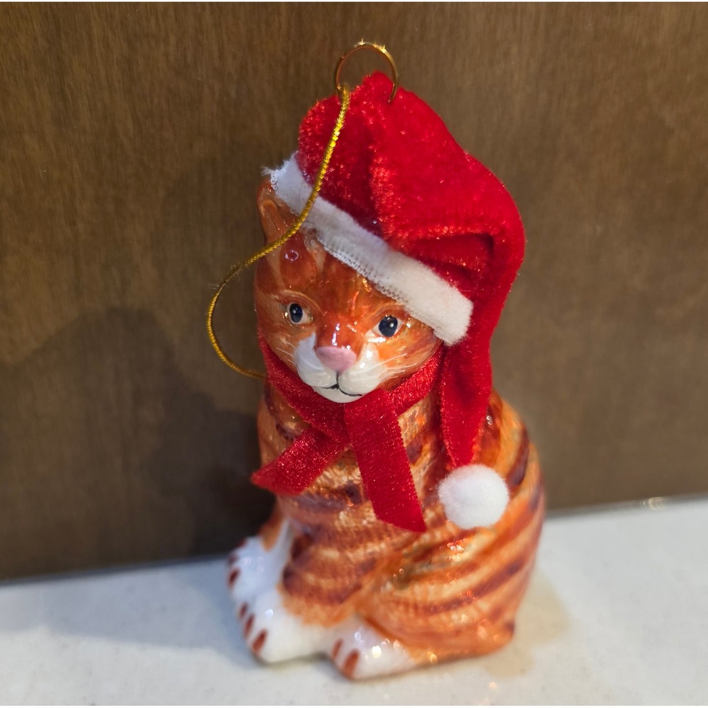 NWT Kurt Adler Pet Parade Cat Glass  Ornament VTG Christmas cozy Grandma Chic